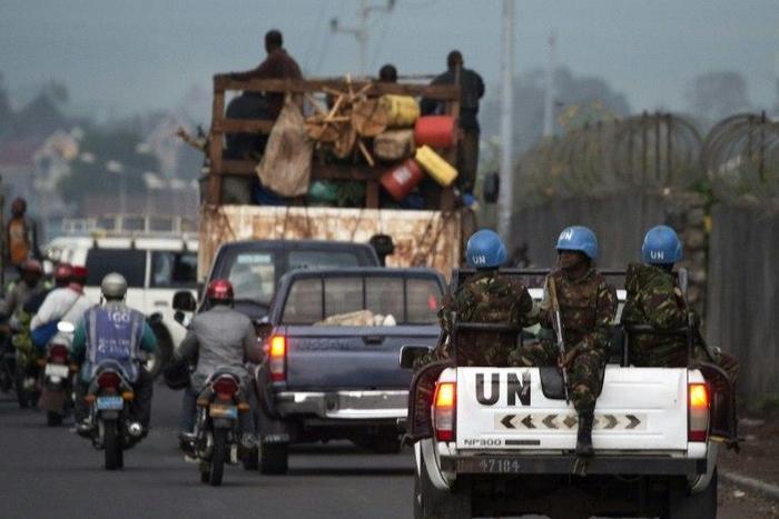 Soldiers of the United Nations Organization Stabilization Mission in the Democratic Republic of the Congo patrol a street in Goma, Democratic Republic of Congo on April 21, 2016