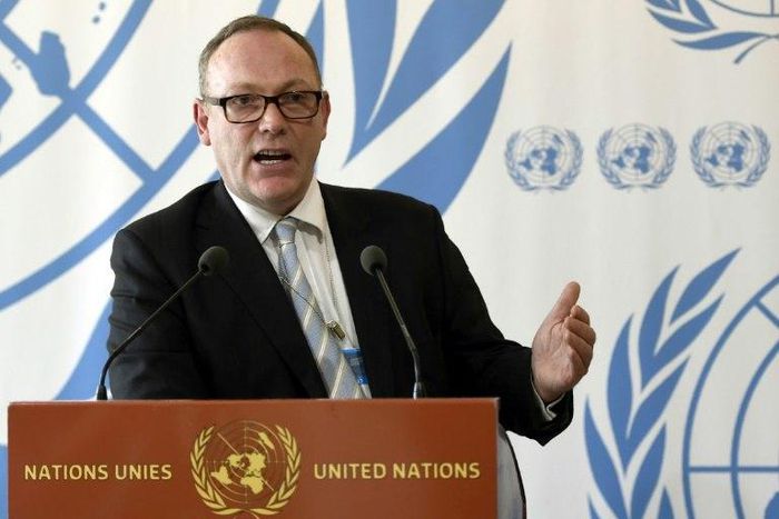 Special Rapporteur on human rights and counter-terrorism for the Office of the United Nations High Commissioner for Human Rights Ben Emmerson speaks at a press conference at the European headquarters of the United Nations in Geneva, on March 3, 2017