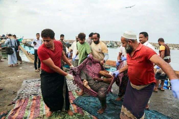 The refugees were hit by light weapons fire in waters off the rebel-held Yemeni port city of Hodeida