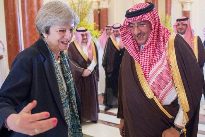 British Prime Minister Theresa May meets Saudi Crown Prince Mohammad bin Nayef in Riyadh on April 4, 2017