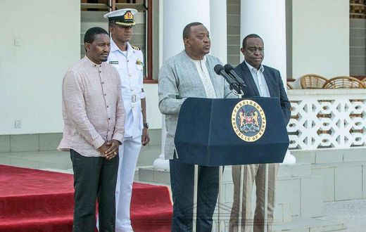 President Uhuru Kenyatta with CSs Henry Rotich and Mwangi Kiunjuri
