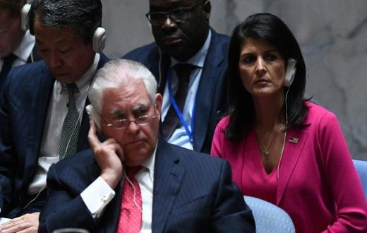 US Secretary of State Rex Tillerson (L) and Ambassador to the UN Nikki Haley (R) listen as China's Foreign Minister Wang Yi (not in picture) speaks during a security council meeting on North Korea at the UN headquarters in New York on April 28, 2017