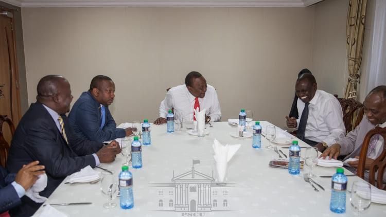 President Uhuru Kenyatta and Deputy President William Ruto at the DP's Harambee Annex office on Tuesday