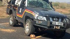 Wreckage of the police vehicle from Lafey Police Station, Mandera County