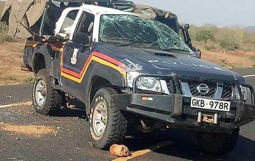 Wreckage of the police vehicle from Lafey Police Station, Mandera County
