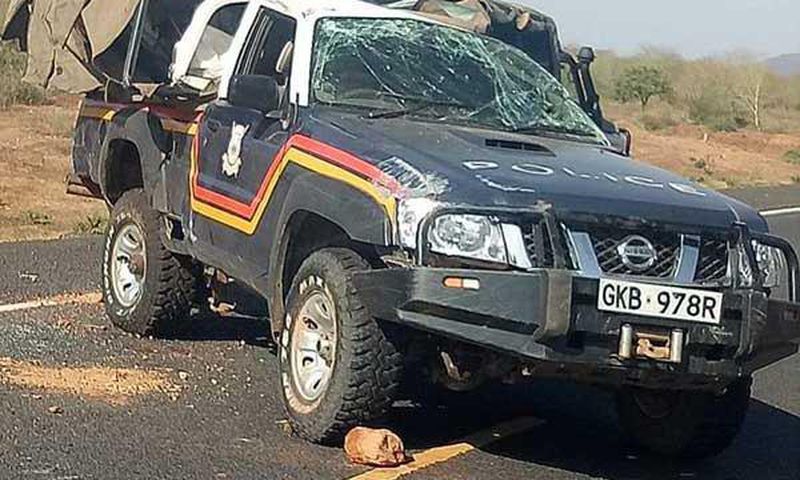 Wreckage of the police vehicle from Lafey Police Station, Mandera County