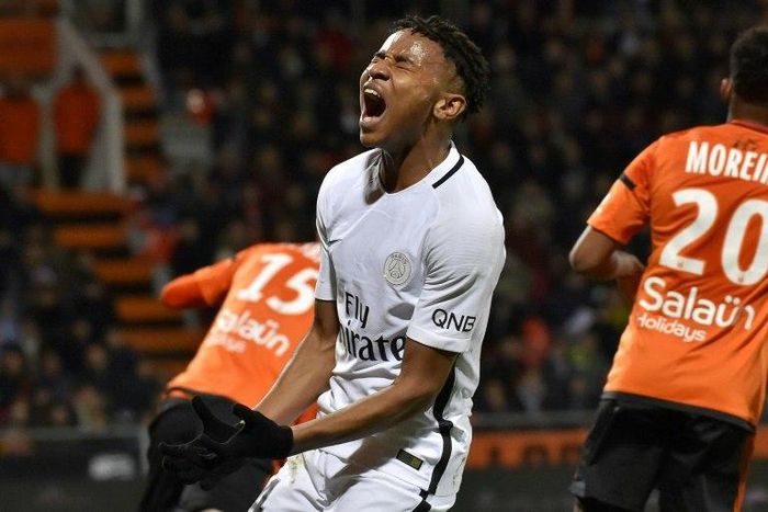 Paris Saint-Germain's midfielder Christopher Nkunku reacts during the French L1 football match Lorient vs Paris SG at the Moustoir stadium in Lorient on March 12, 2017