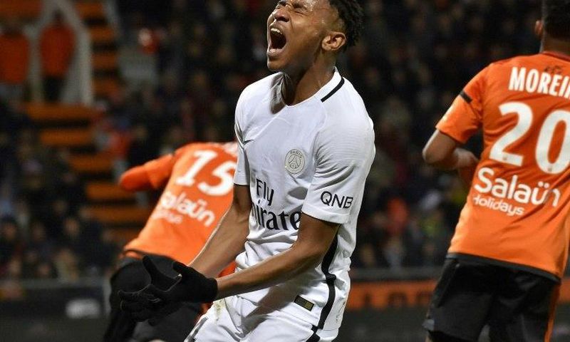 Paris Saint-Germain's midfielder Christopher Nkunku reacts during the French L1 football match Lorient vs Paris SG at the Moustoir stadium in Lorient on March 12, 2017