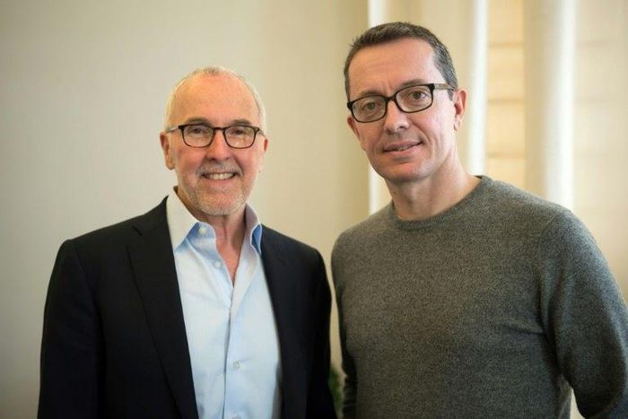 Olympique de Marseille's owner Frank McCourt (L) and Olympique de Marseille's President Jacques-Henri Eyraud on the eve of the French L1 football match Olympique de Marseille vs Paris Saint-Germain on February 25, 2017 in Marseille, southern France