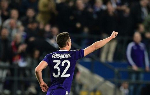RSC Anderlecht's Leander Dendoncker celebrates after scoring during their Europa League first leg quarter-final match against Manchester United at the Constant Vanden Stock stadium in Brussels on April 13, 2017