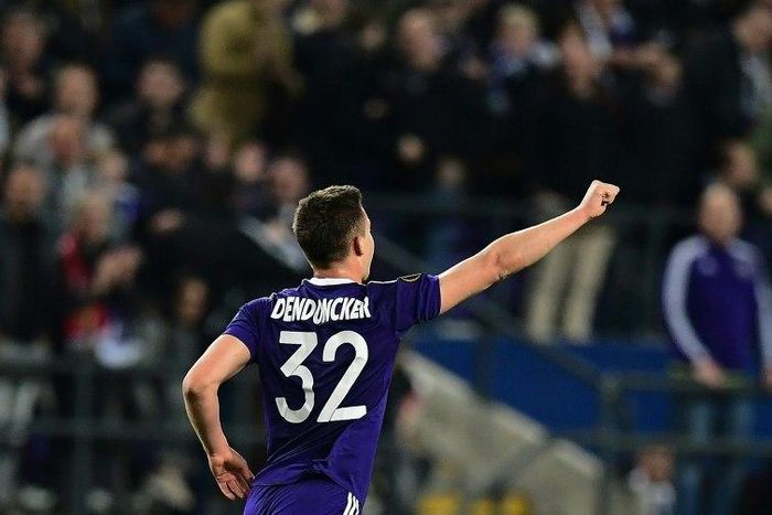 RSC Anderlecht's Leander Dendoncker celebrates after scoring during their Europa League first leg quarter-final match against Manchester United at the Constant Vanden Stock stadium in Brussels on April 13, 2017