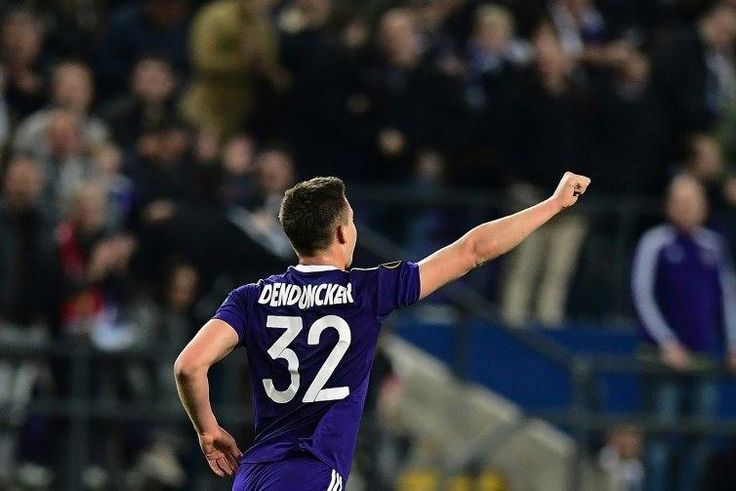 RSC Anderlecht's Leander Dendoncker celebrates after scoring during their Europa League first leg quarter-final match against Manchester United at the Constant Vanden Stock stadium in Brussels on April 13, 2017