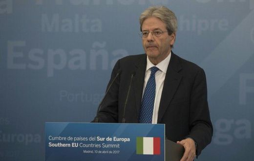 Italian Prime Minister Paolo Gentiloni speaks during a press conference on April 10, 2017 at the Palacio del Pardo, near the Spanish capital Madrid, following a summit of southern European Union countries