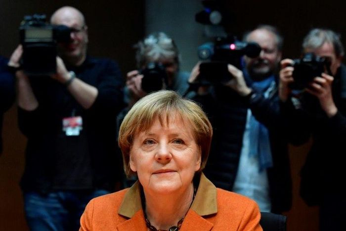 Chancellor Angela Merkel, pictured on February 16, 2017, waits in Berlin for a closed-door hearing by a parliamentary enquiry looking into the surveillance activities of the NSA and the extent of its cooperation with German foreign intelligence service...