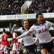 Tottenham Hotspur's midfielder Dele Alli (R) celebrates scoring with Christian Eriksen on April 30, 2017