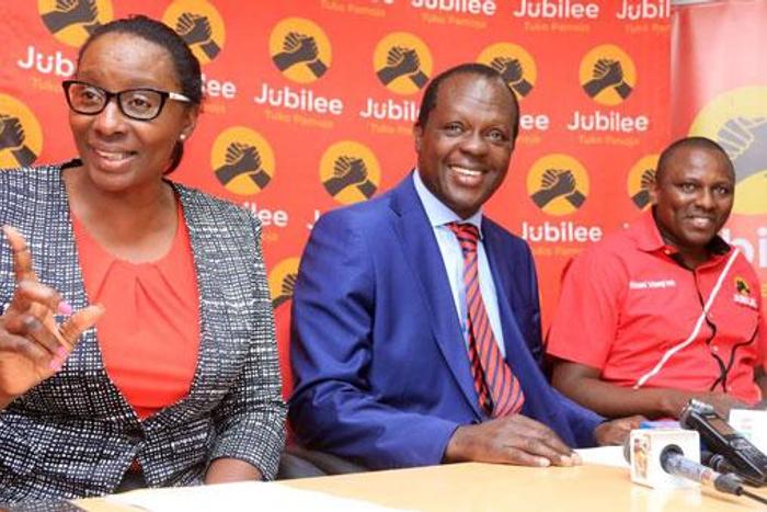 File image of Beatrice Elachi, Jubilee Party Secretary General Raphael Tuju and Kikuyu MP Kimani Ichung'wa at a past press conference at the party headquarters. Elachi has denounced DP Ruto's 2022 bid