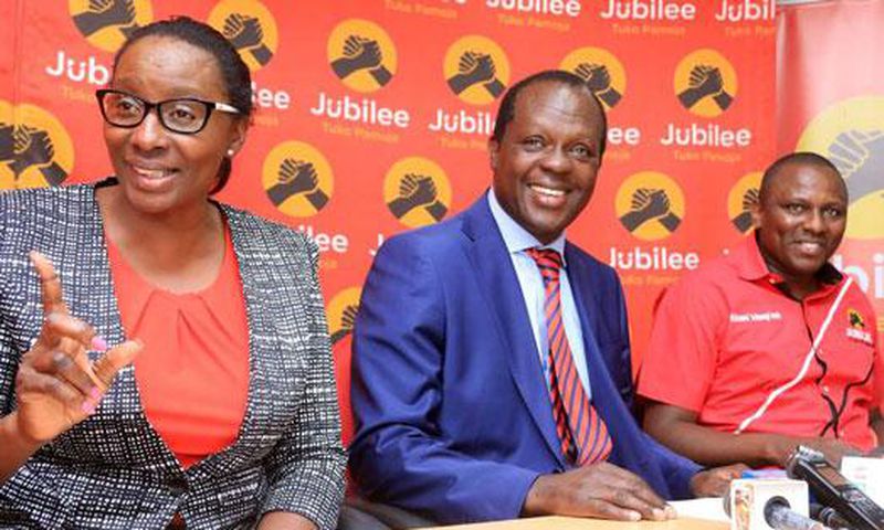 File image of Beatrice Elachi, Jubilee Party Secretary General Raphael Tuju and Kikuyu MP Kimani Ichung'wa at a past press conference at the party headquarters. Elachi has denounced DP Ruto's 2022 bid