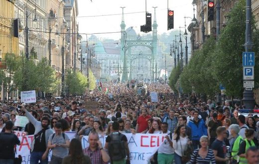 People demonstrate in support of the Central European University (CEU) in Budapest on April 2, 2017, following allegations of the Hungarian Prime Minister that the prestigious university was cheating students by breaking rules