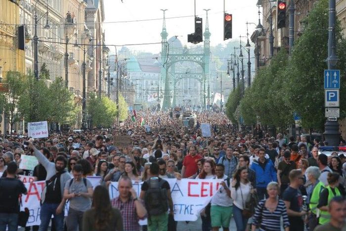 People demonstrate in support of the Central European University (CEU) in Budapest on April 2, 2017, following allegations of the Hungarian Prime Minister that the prestigious university was cheating students by breaking rules