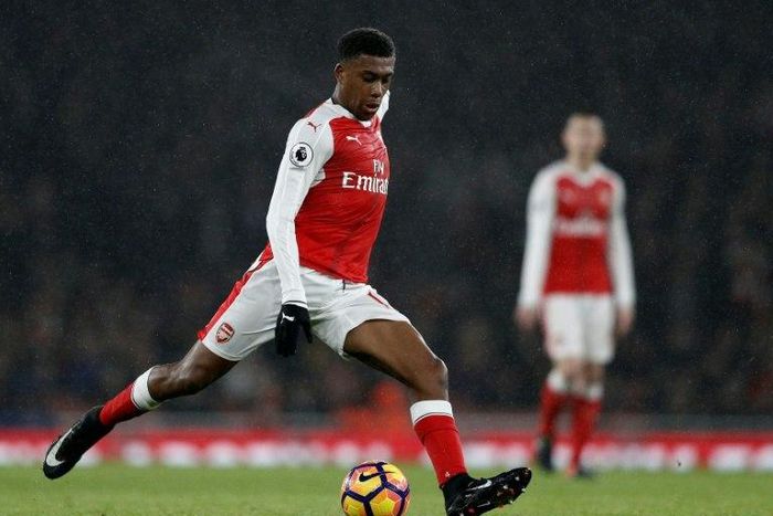 Arsenal's Alex Iwobi takes a swing at the ball during the match against Watford at the Emirates Stadium in London on January 31, 2017
