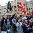 Protesters demonstrate in front of the Parliament building in Skopje on May 2, 2017, a few days after violence erupted after nationalist protesters stormed the building in anger over a vote for a new speaker