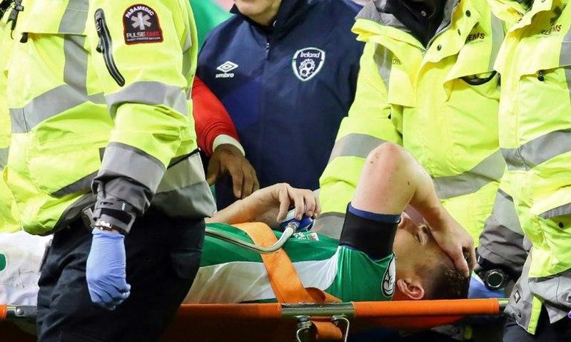 Republic of Ireland defender Seamus Coleman is stretchered off the pitch during the World Cup qualfier against Wales in Dublin on March 24, 2017