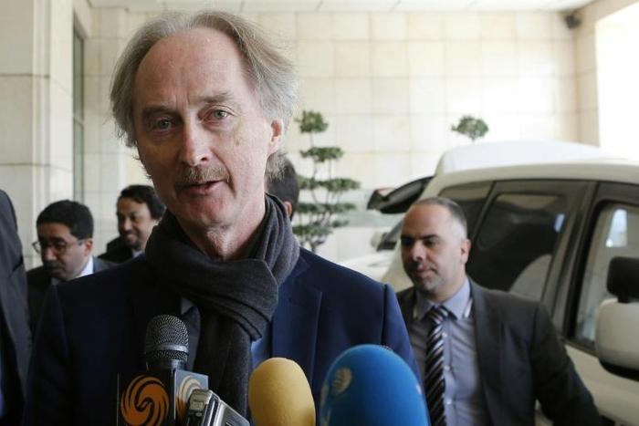 United Nations Special Envoy for Syria Geir Pedersen speaks to the press upon his arrival in the capital Damascus on March 17, 2019