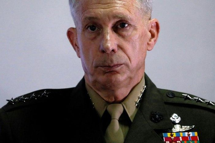 US Marine Corps General Thomas Waldhauser speaks at Camp Lemonnier in Ambouli, Djibouti on April 23, 2017