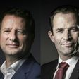 Environmentalist Yannick Jadot (L) dropped out of France's presidential election and threw his support behind Socialist candidate Benoit Hamon (R)