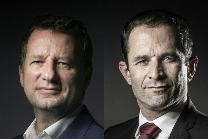 Environmentalist Yannick Jadot (L) dropped out of France's presidential election and threw his support behind Socialist candidate Benoit Hamon (R)
