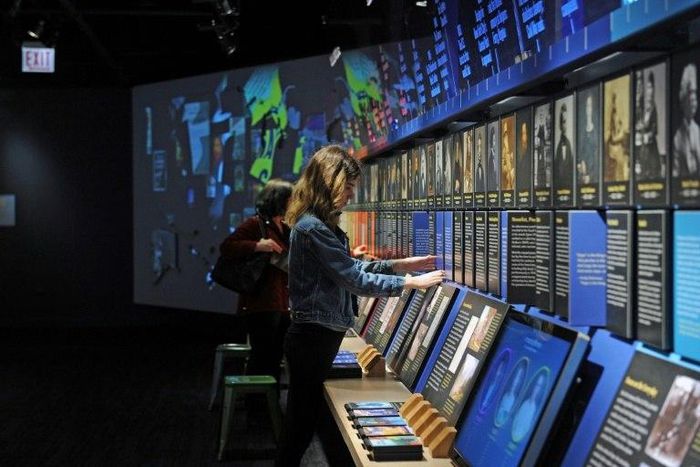A timeline representing 500 years of American literary history greets visitors at the American Writers Museum in Chicago
