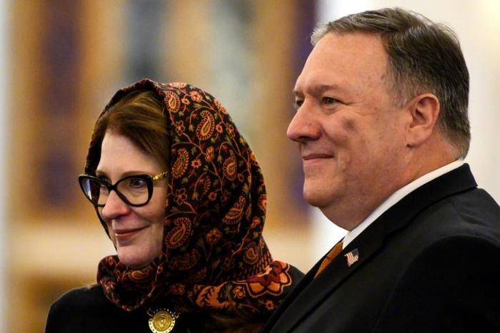 US Secretary of State Mike Pompeo, who has announced a ministerial meeting in Poland on the Middle East, tours the newly inaugrated Al-Fattah Al-Alim mosque in Egypt with his wife Susan