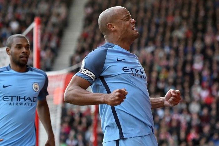 Manchester City's Vincent Kompany celebrates after scoring against Southampton at St Mary's Stadium in Southampton, southern England on April 15, 2017
