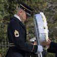 Japanese Prime Minister Shinzo Abe lays a wreath at the Tomb of the Unknown Soldier at Arlington National Cemetery, in Virginia, on February 10, 2017