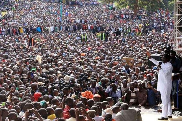 ODM party leader Raila Odinga addresses his supporters during a Madaraka Day rally at Uhuru Park on June 1, 2016.