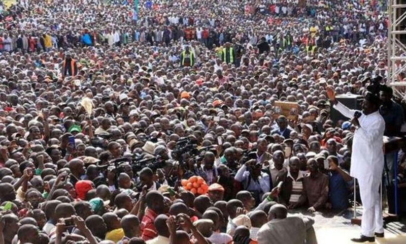 ODM party leader Raila Odinga addresses his supporters during a Madaraka Day rally at Uhuru Park on June 1, 2016.