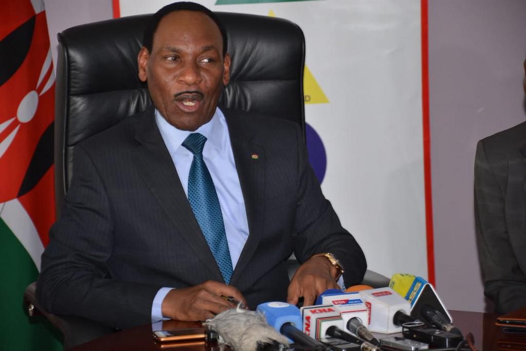 KFCB CEO Ezekiel Mutua addressing the press from Uchumi House (Twitter)