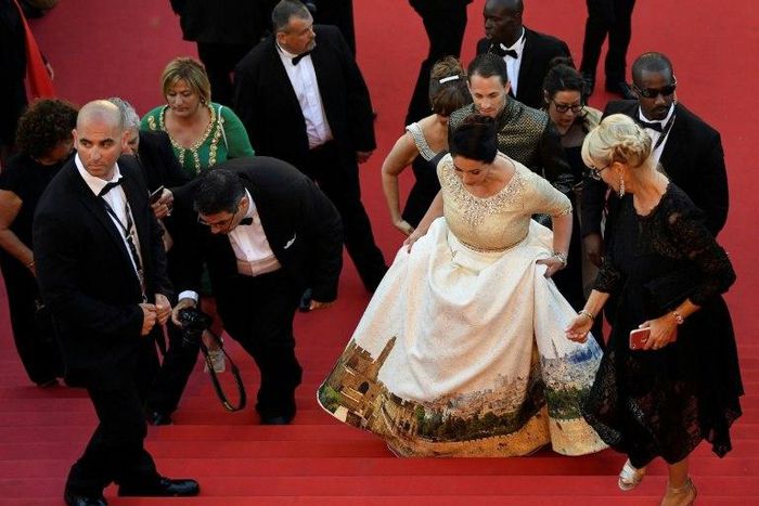 Israeli Culture Minister Miri Regev wearing a dress featuring the Jerusalem skyline at the Cannes film festival on May 17, 2017