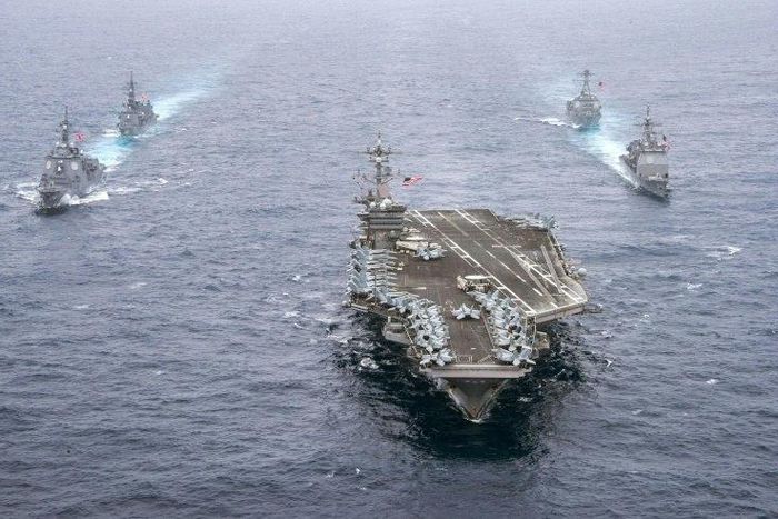 Aircraft carrier USS Carl Vinson leads the US Navy and the Japan Maritime cruisers and destroyers, on April 26, 2017