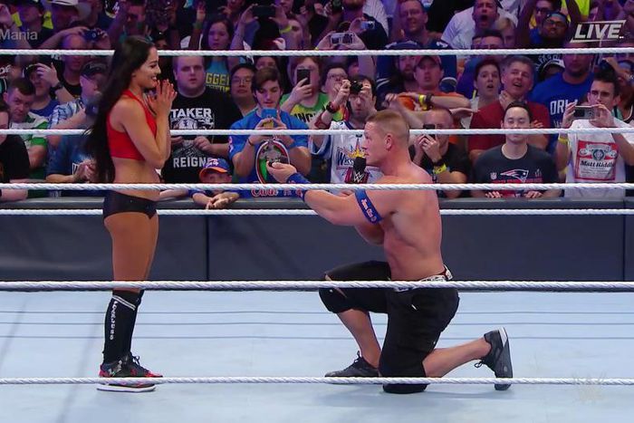John Cena on his knee popping the big Question to Nikki Bella and she said Yes