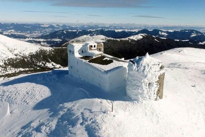 View of Bilyi Slon, or the White Elephant, the highest inhabited building in Ukraine and an old astronomical observatory on Chornogora mountain, near the village of Vorokhta, on March 9, 2017