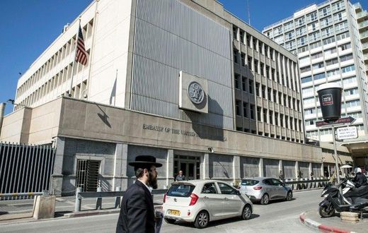 The exterior of the US Embassy building in the coastal Israeli city of Tel Aviv pictured on January 20, 2017, the day Donald Trump was inaugurated as the 45th president of the United States
