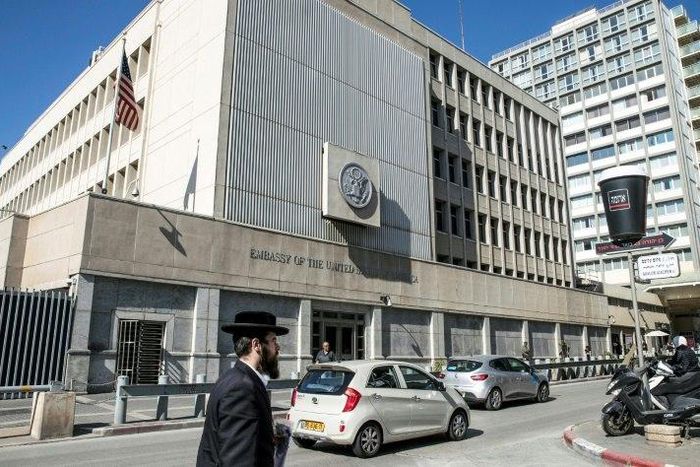 The exterior of the US Embassy building in the coastal Israeli city of Tel Aviv pictured on January 20, 2017, the day Donald Trump was inaugurated as the 45th president of the United States