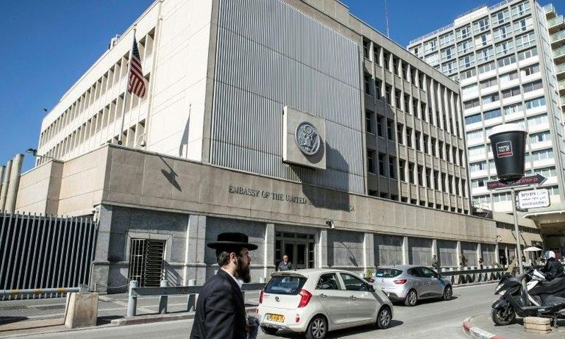 The exterior of the US Embassy building in the coastal Israeli city of Tel Aviv pictured on January 20, 2017, the day Donald Trump was inaugurated as the 45th president of the United States