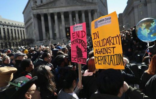 Protesters take part in a Solidarity Rally Against Deportation, at Foley Square near the Immigration and Customs Enforcement (ICE) office in New York, in March 2017