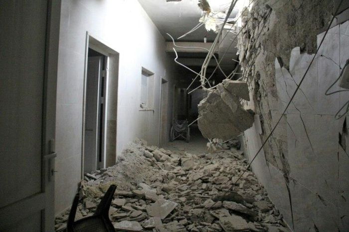 Damage following an air strike on a hospital in the village of Deir Sharqi on the eastern outskirts of Maaret al-Numan in northern Syria's Idlib province, on April 27, 2017