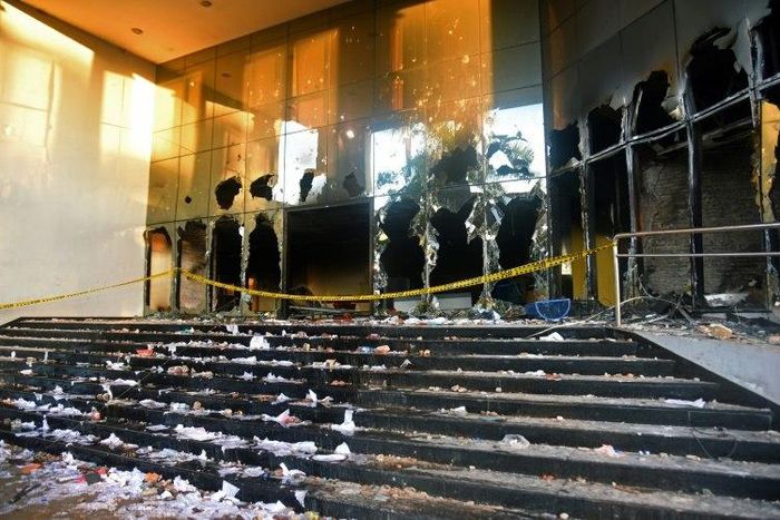 View of damages in the Congress building, set on fire by demonstrators protesting against the approval of a constitutional amendment for presidential reelection, in Asuncion on April 1, 2017