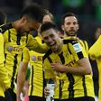 Dortmund's defender Raphael Guerreiro and striker Pierre-Emerick Aubameyang react after a German first division Bundesliga football against Borussia Moenchengladbach on April 22, 2017
