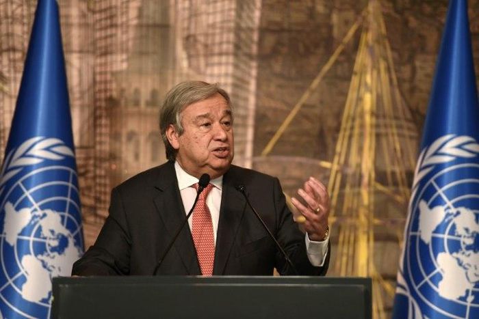 UN Secretary-General Antonio Guterres delivers a speech during a press conference with Turkish Prime Minister Binali Yildirim (unseen) on February 10, 2017 in Istanbul