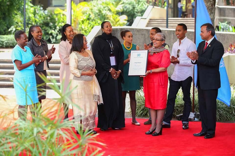 First Lady Margaret Kenyatta celebrating a recent award in recognition of her efforts in the Beyond Zero Campaign
